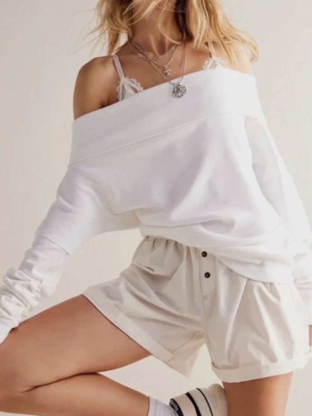 Free People Ivory Off the Shoulder Not The Same Tee
